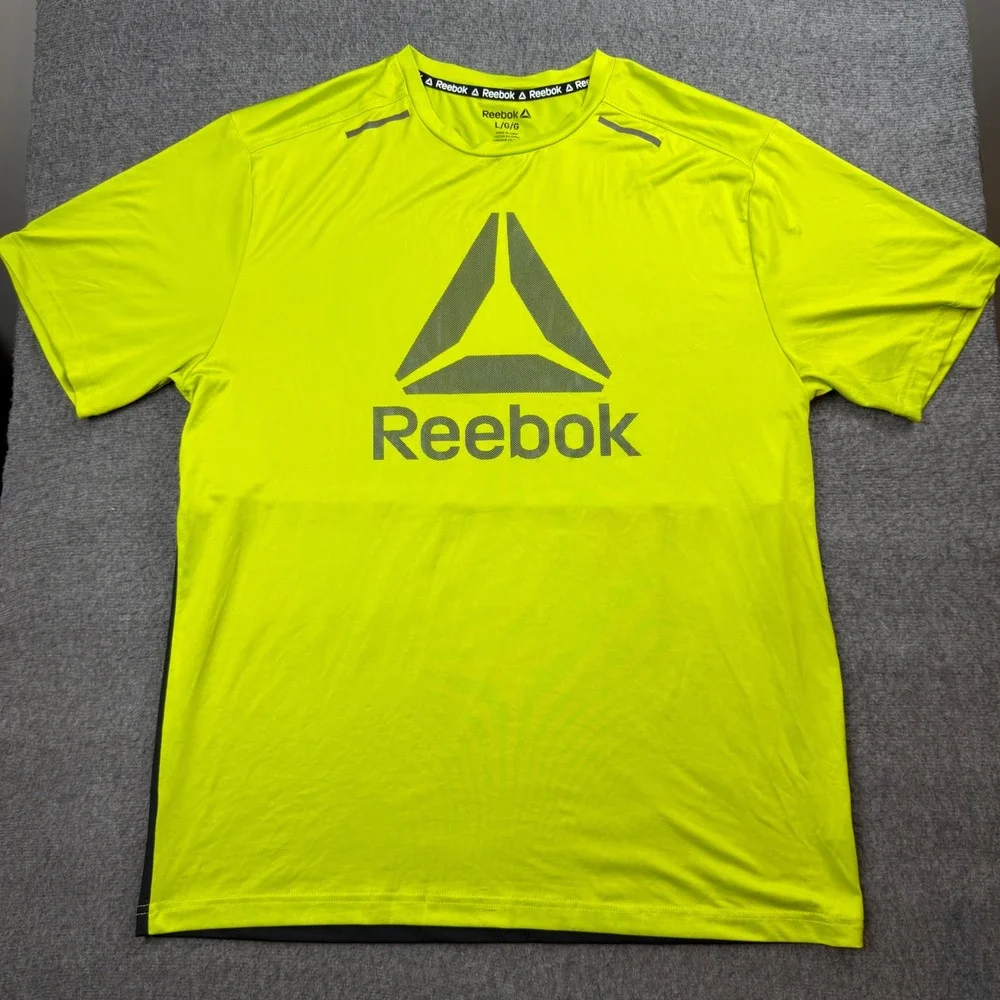 Reebok‎ Graphic T-Shirt Men's Large Yellow Black Colorblock Activewear Top
